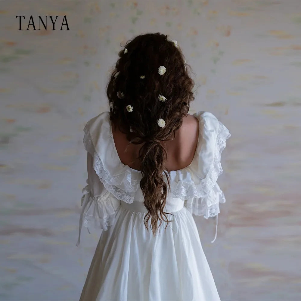 Vintage Taffeta Wedding Dress Square Collar Long Sleeve Floor Length Bridal Gown Romantic A Line Bridal Photoshoot Dress TSWD354