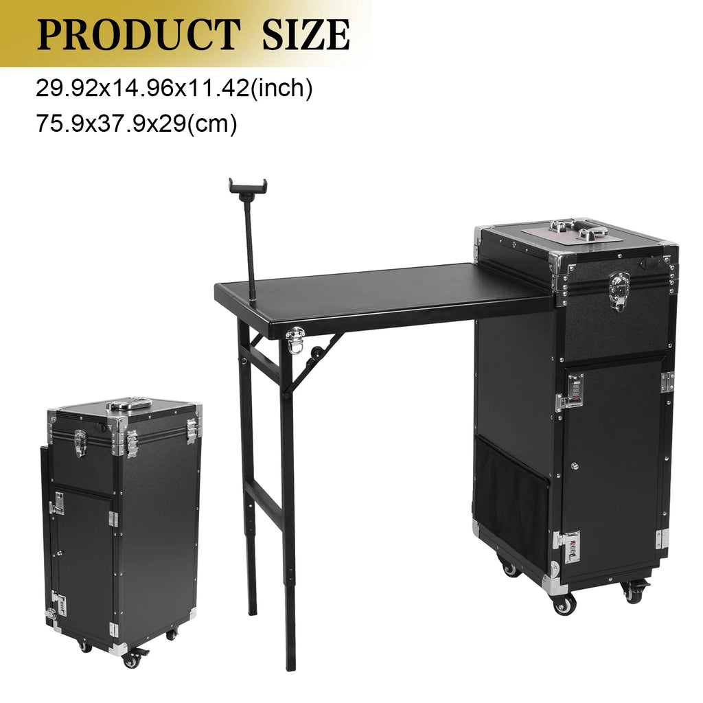 Portable Manicure Table Foldable Nail Table Makeup Train Case with Desk Cosmetic Trolley Travel Storage Organizer with Drawers