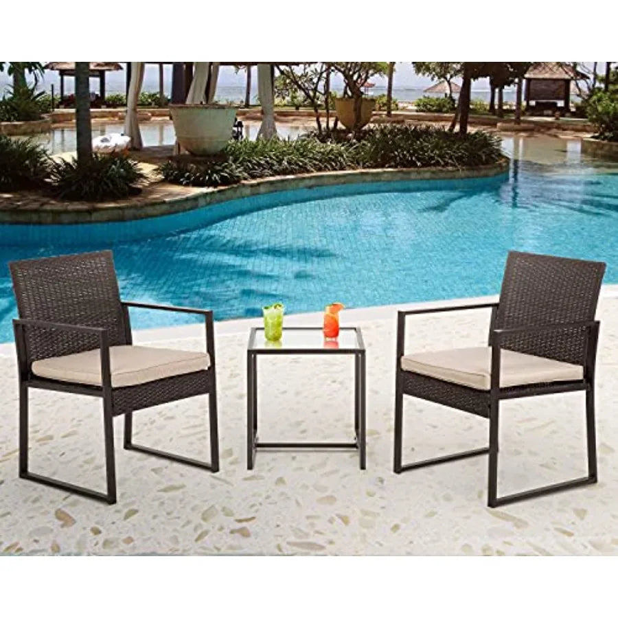 FDW 3 Pieces Outdoor Patio Furniture Wicker Bistro Rattan Chair Conversation Sets for Yard Lawn Balcony Poolside BackyardBlack