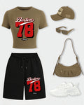 Boston Number 78 Design Womens Crop T Shirt Set Cotton Crewneck T-Shirts Pocket Summer Shorts Wide-Leg Drawstring Black Pant