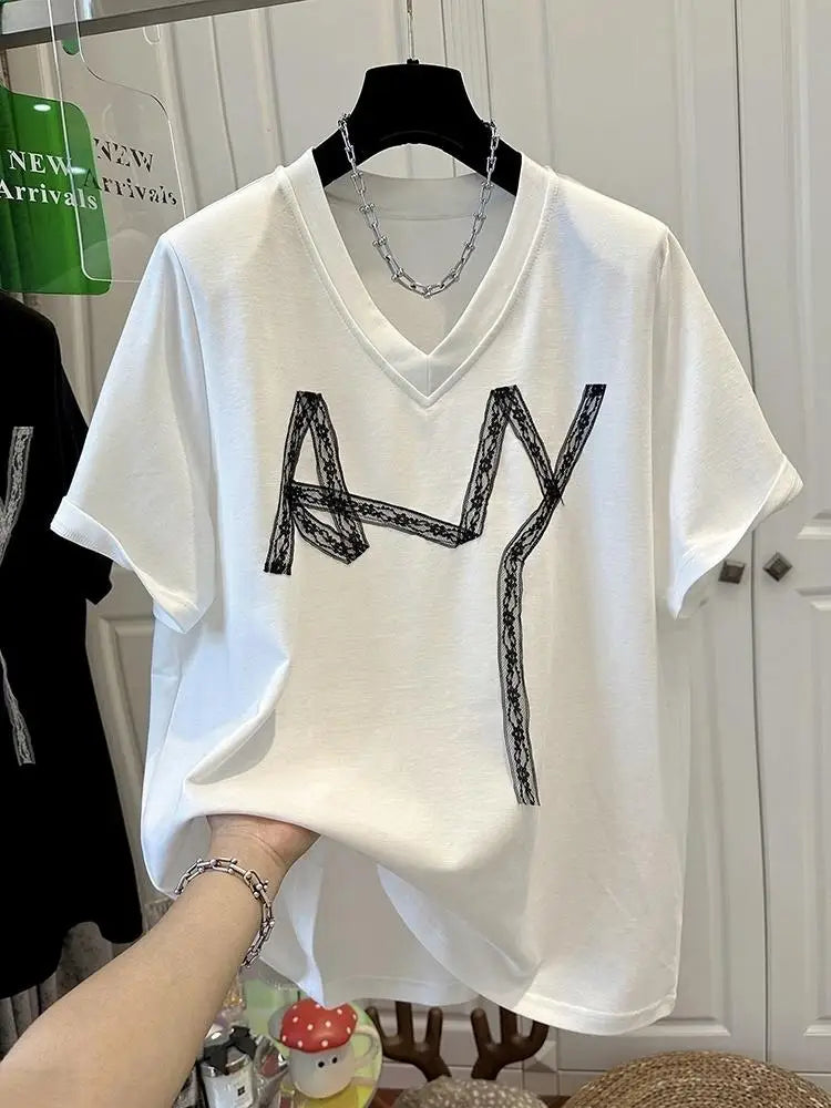 Summer Tshirts Women Chest Lace Stitching T-Shirt Fashion Tops Ladies Chic T-Shirt Female Short Sleeve Casual Tee
