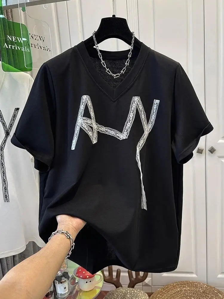 Summer Tshirts Women Chest Lace Stitching T-Shirt Fashion Tops Ladies Chic T-Shirt Female Short Sleeve Casual Tee