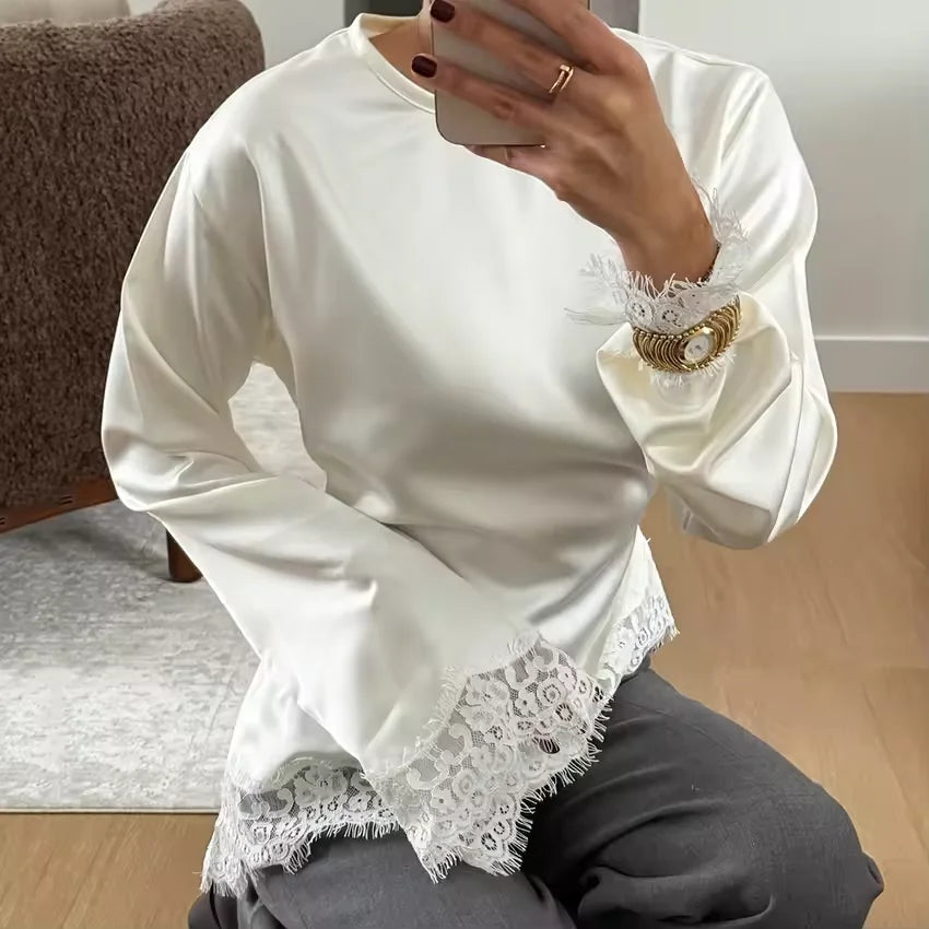Elegant Satin Lace Patchwork Tops Women 's Slim Belted Waist-cinching O-neck Long Sleeves Female Shirt 2026 Spring Lady Fashion