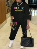 Black Girl Magic Two-Piece Sweat Suit with Colorful Letter Print, Casual Comfortable Tracksuit for Fall Winter