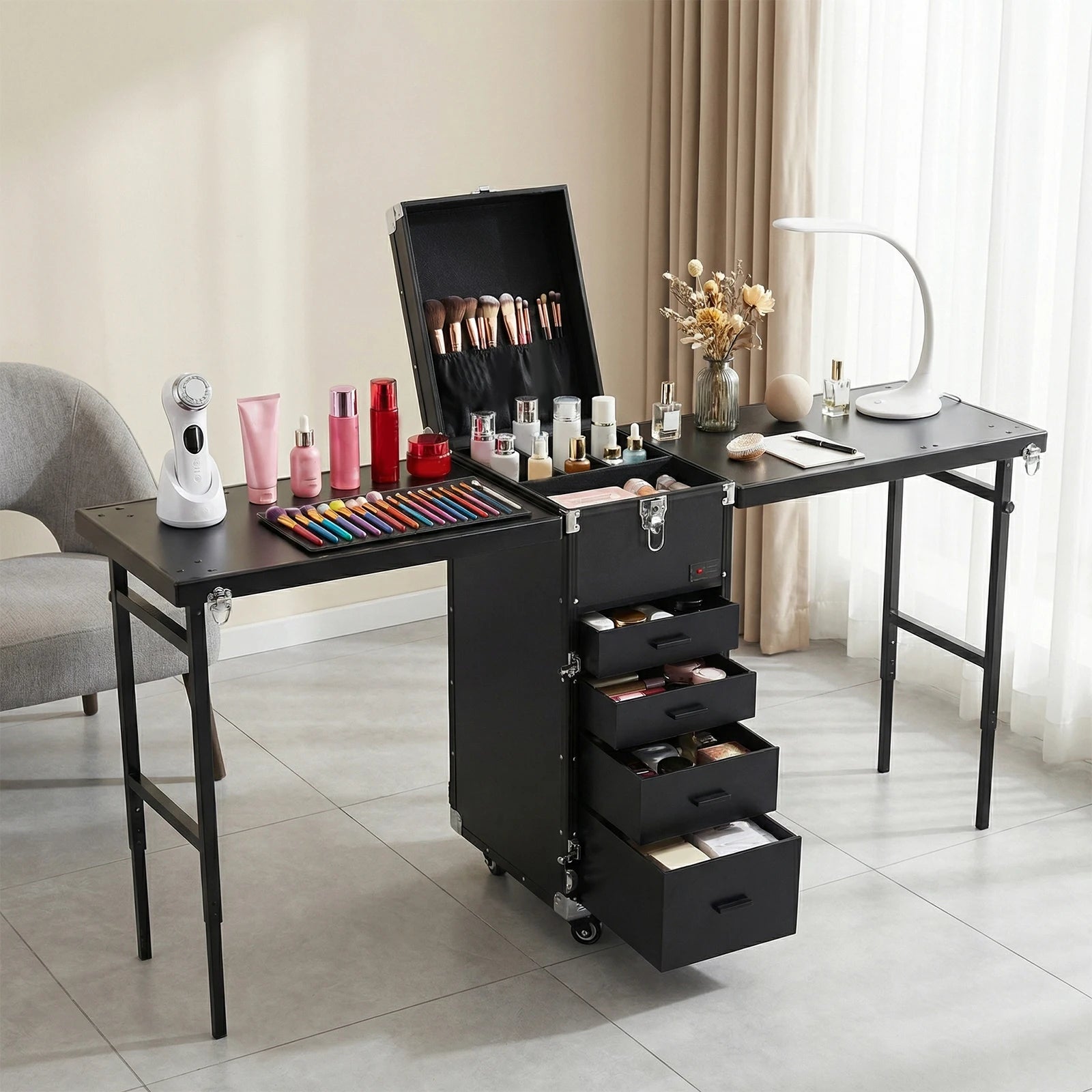 Portable Manicure Table Foldable Nail Table Makeup Train Case with Desk Cosmetic Trolley Travel Storage Organizer with Drawers