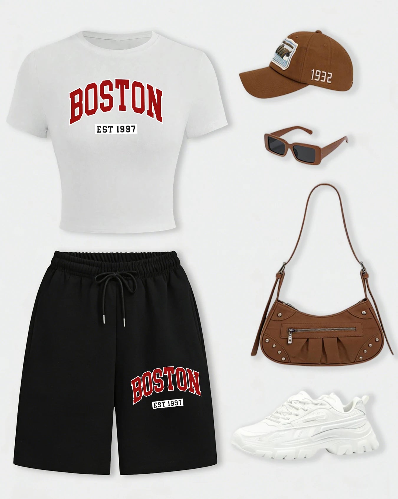 Boston Letter Est 1997 Women T-Shirt Set Drawstring Wide-Leg Short Pants Summer Pocket Black Pant Cotton Breathable Crop T Shirt