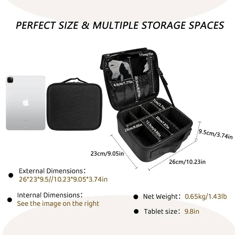 Travel cosmetic bag women's portable cosmetic case professional cosmetic storage box with adjustable dividers can store makeup