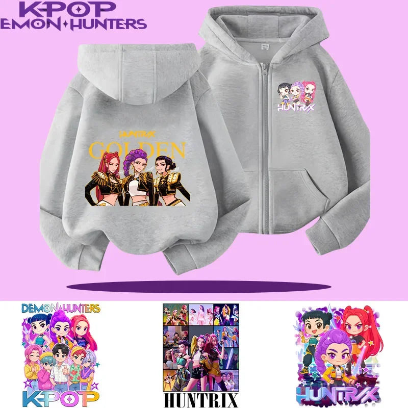 Style Girls' Sport Shirt Kpop Demon Hunters Children's Zippered Hooded Casual Jacket Spring-Autumn Long-Sleeved Cartoon Print