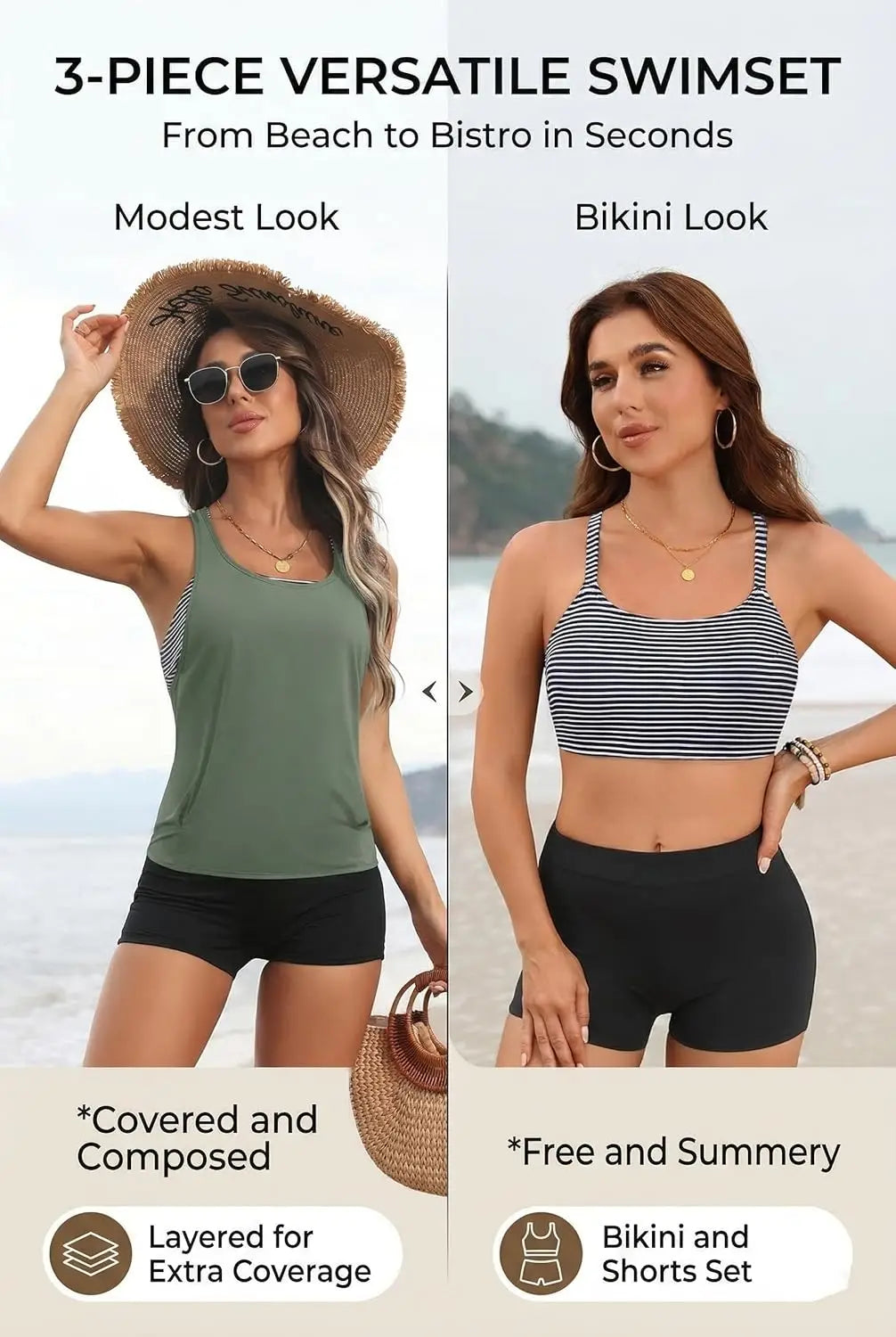 Aqua Eve 3 Piece Tankini Swimsuit for Women Tank Bathing Suit with Shorts Open Back Athletic Swimwear