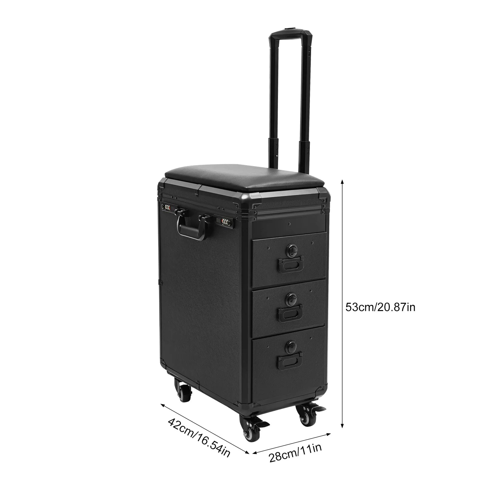 Professional Rolling Makeup Case with 3 Drawers Acrylic Top Removable Tripod Stand with 4 Universal Wheels for Makeup Artist