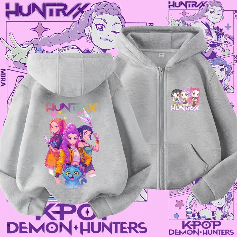 Style Girls' Sport Shirt Kpop Demon Hunters Children's Zippered Hooded Casual Jacket Spring-Autumn Long-Sleeved Cartoon Print