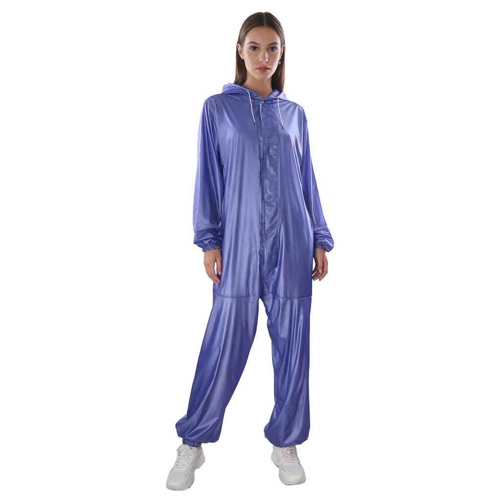Adults One Piece Full-body Hooded Raincoat Hood with Drawstring Front Button And Zipper One-piece Waterproof Jumpsuit Workwear