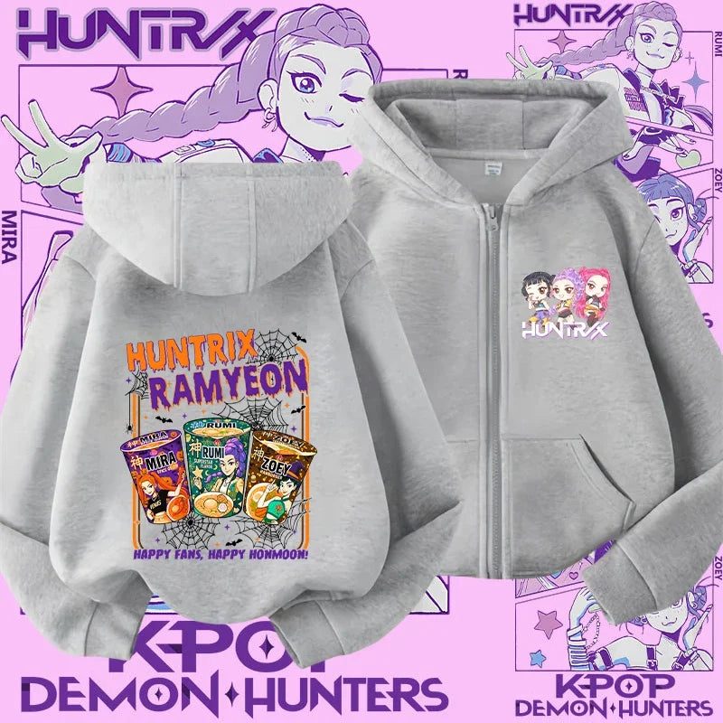 Style Girls' Sport Shirt Kpop Demon Hunters Children's Zippered Hooded Casual Jacket Spring-Autumn Long-Sleeved Cartoon Print