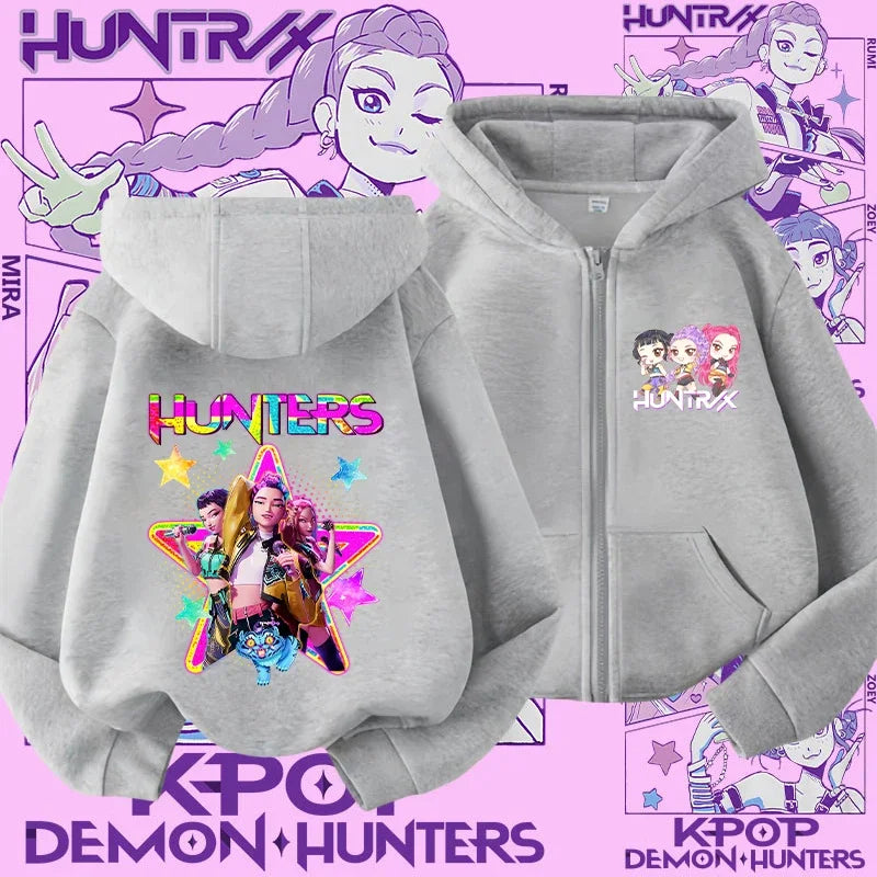 Style Girls' Sport Shirt Kpop Demon Hunters Children's Zippered Hooded Casual Jacket Spring-Autumn Long-Sleeved Cartoon Print
