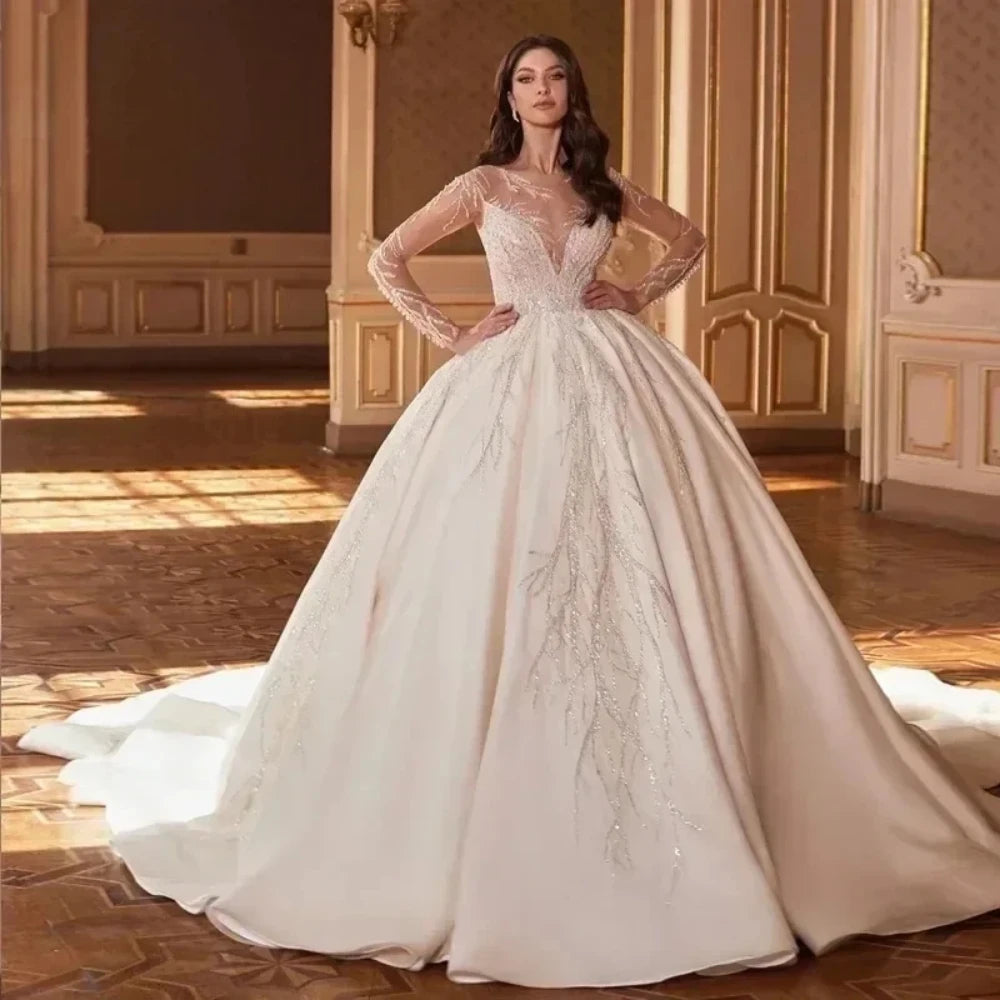 Elegant A-Line Lace Bead Decoration Women's Wedding Dress Sexy V-Neck Transparent Long Sleeved Ballroom Bride Dress Customized
