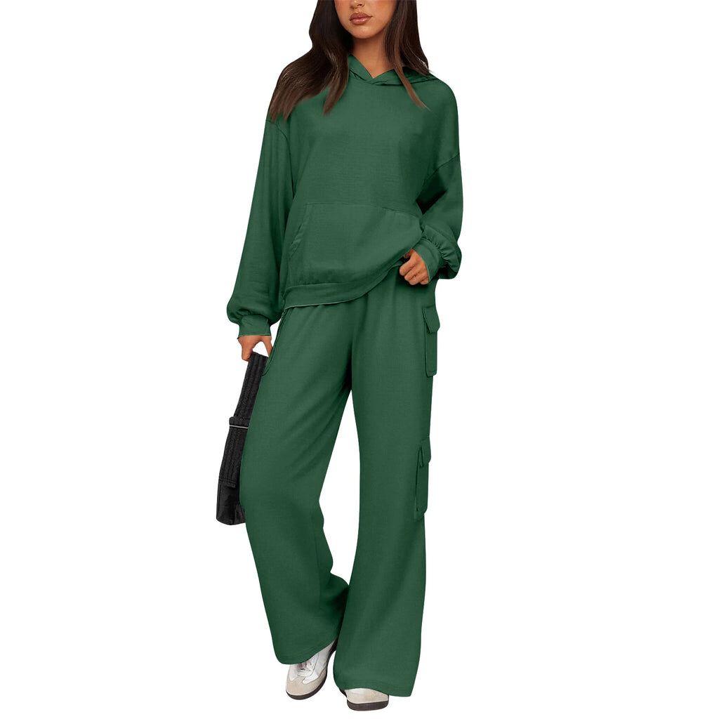 Relaxed Stylish Women Two Piece Set Hoodie Popular Cargo Pocket Wide Leg Pants Trendy Loose Fit Comfy Casual Lounge Outfit