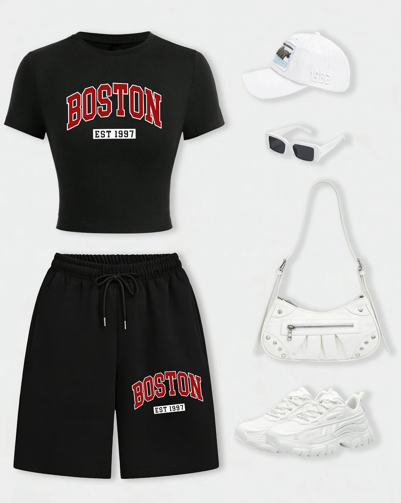 Boston Letter Est 1997 Women T-Shirt Set Drawstring Wide-Leg Short Pants Summer Pocket Black Pant Cotton Breathable Crop T Shirt