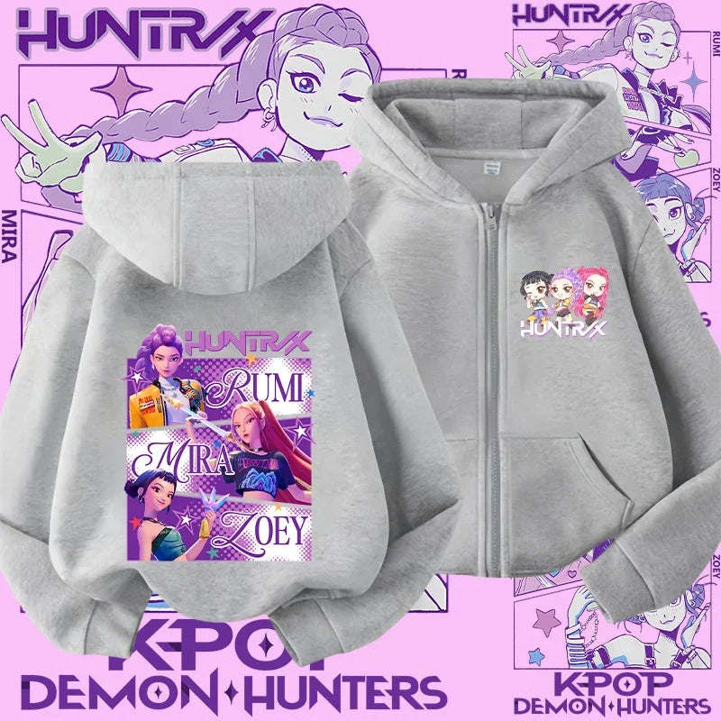 Style Girls' Sport Shirt Kpop Demon Hunters Children's Zippered Hooded Casual Jacket Spring-Autumn Long-Sleeved Cartoon Print