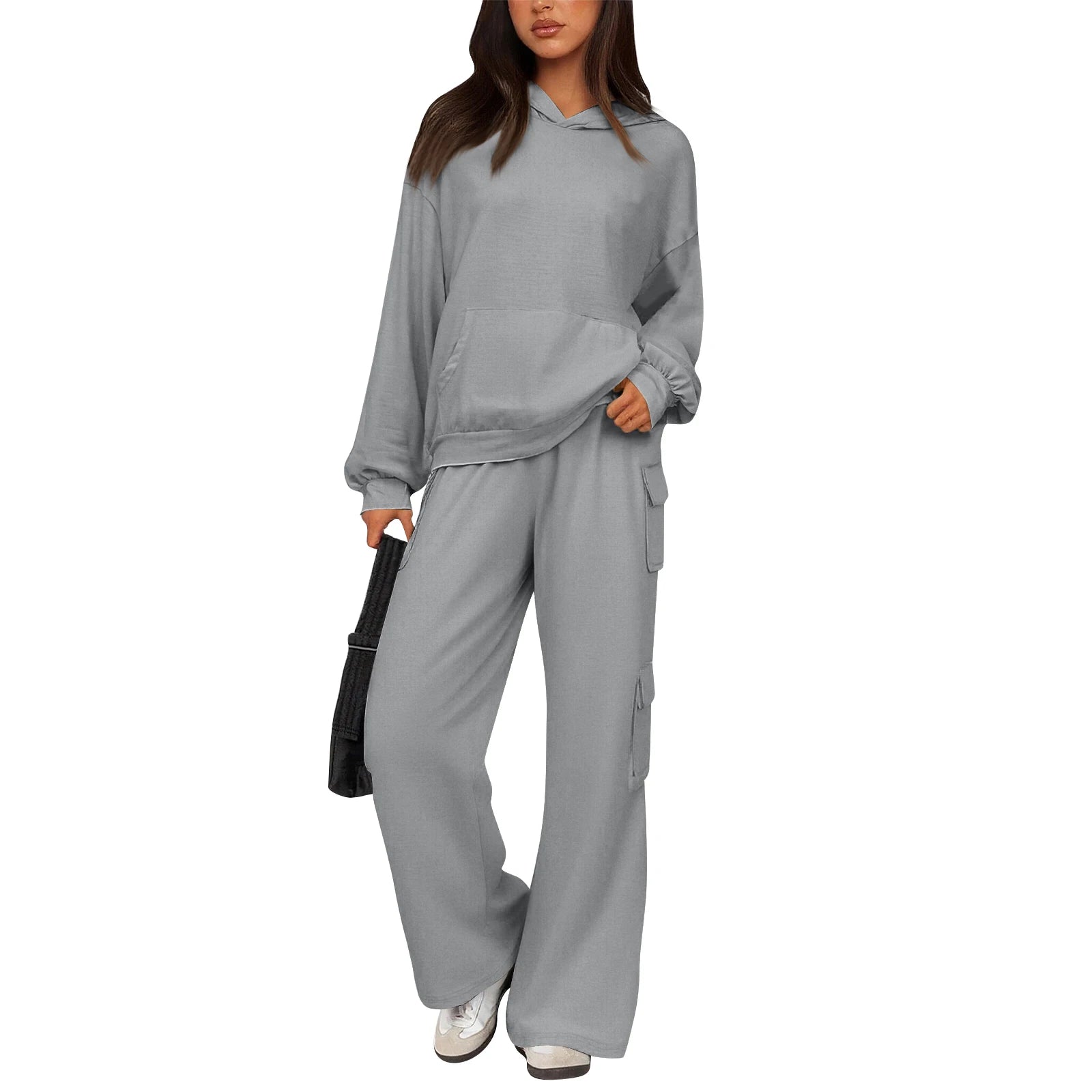 Relaxed Stylish Women Two Piece Set Hoodie Popular Cargo Pocket Wide Leg Pants Trendy Loose Fit Comfy Casual Lounge Outfit