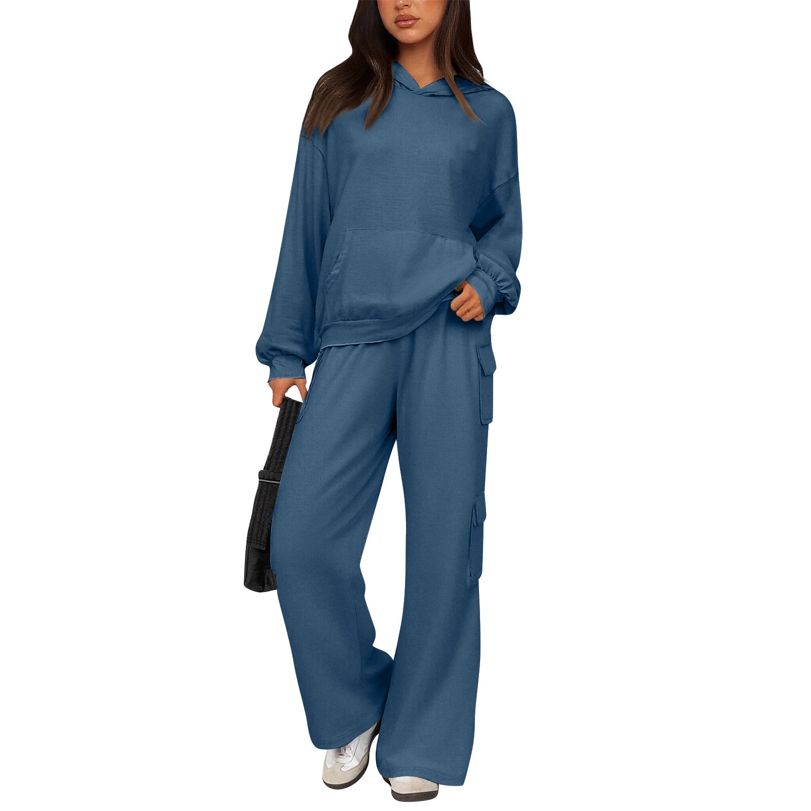 Relaxed Stylish Women Two Piece Set Hoodie Popular Cargo Pocket Wide Leg Pants Trendy Loose Fit Comfy Casual Lounge Outfit