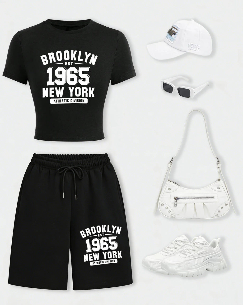 New York City Brooklyn 1965 Print Woman T-Shirt Suits Slim Cotton Crop T Shirt Summer Wide-Leg Shorts Drawstring Pocket Pant