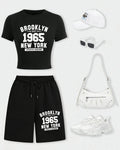 New York City Brooklyn 1965 Print Woman T-Shirt Suits Slim Cotton Crop T Shirt Summer Wide-Leg Shorts Drawstring Pocket Pant