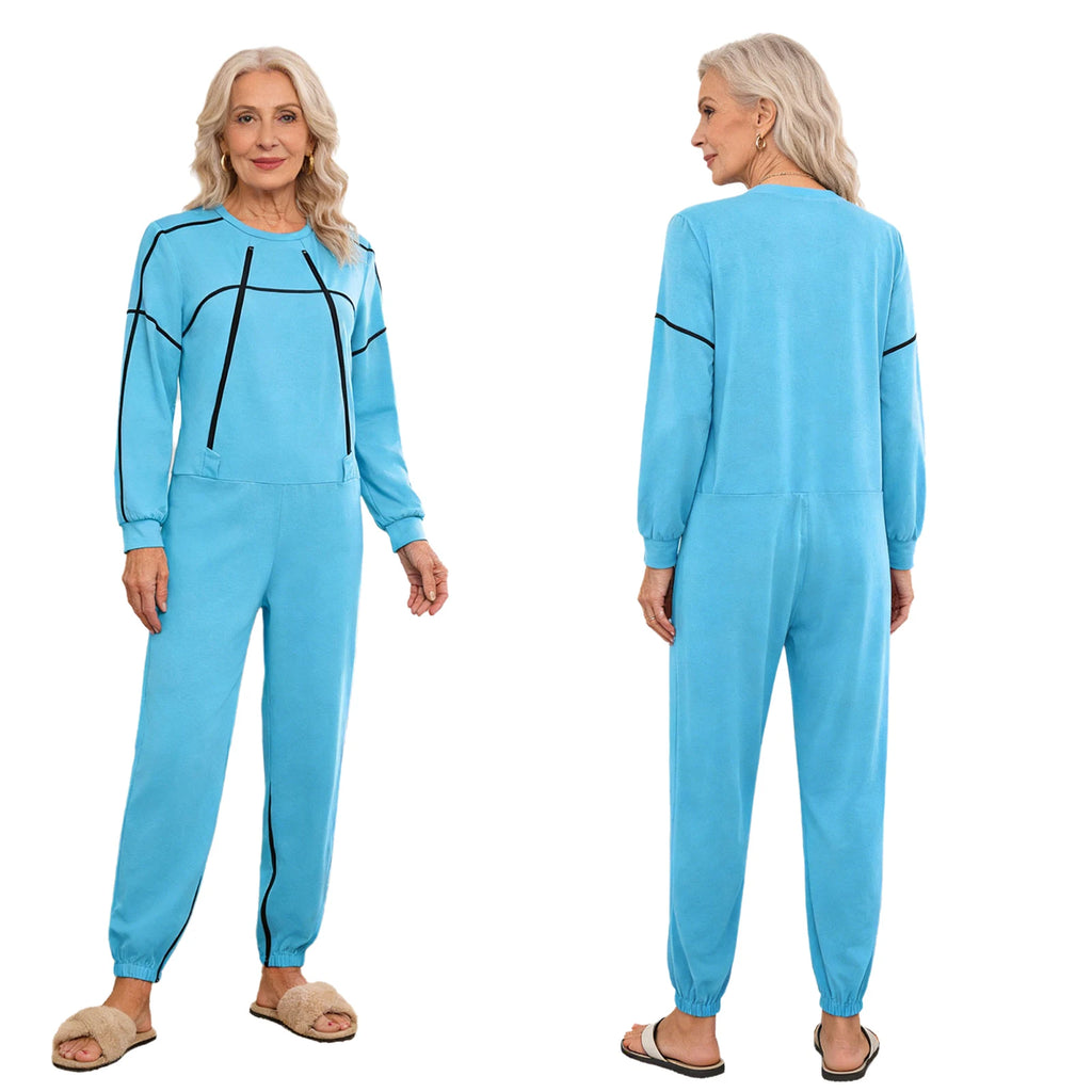 Women Elderly Dementia Alzheimer Adaptive Anti-strip Jumpsuit Long Sleeve Long Pants Rompers for Special Needs Caring Patient