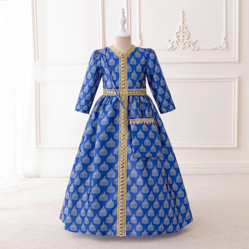Elegant Printed Muslim Girl's Dress Middle East Arabic Style Long Robe Princess Style Child Eid Party Enfant Gown Casual Dresses