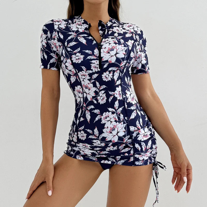 Women's Printed Zipper Design Conservative Sporty Two-Piece Tankini Swimsuit, Stylish Swimwear for Beach & Pool