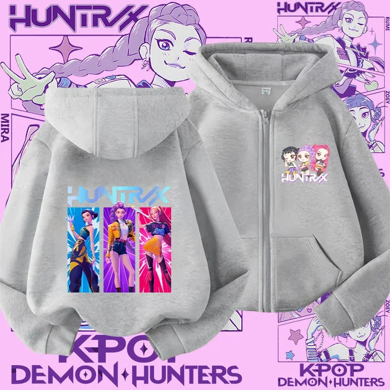 Style Girls' Sport Shirt Kpop Demon Hunters Children's Zippered Hooded Casual Jacket Spring-Autumn Long-Sleeved Cartoon Print