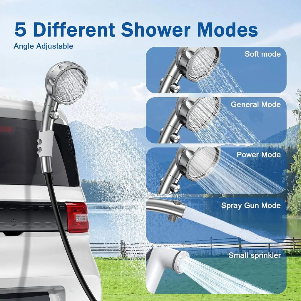 Portable Camping Shower with Digital Display, Adjustable Head & Folding Bucket for Outdoor Use