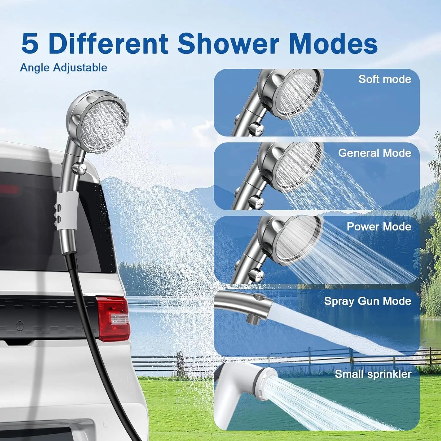 Portable Camping Shower with Digital Display, Adjustable Head & Folding Bucket for Outdoor Use