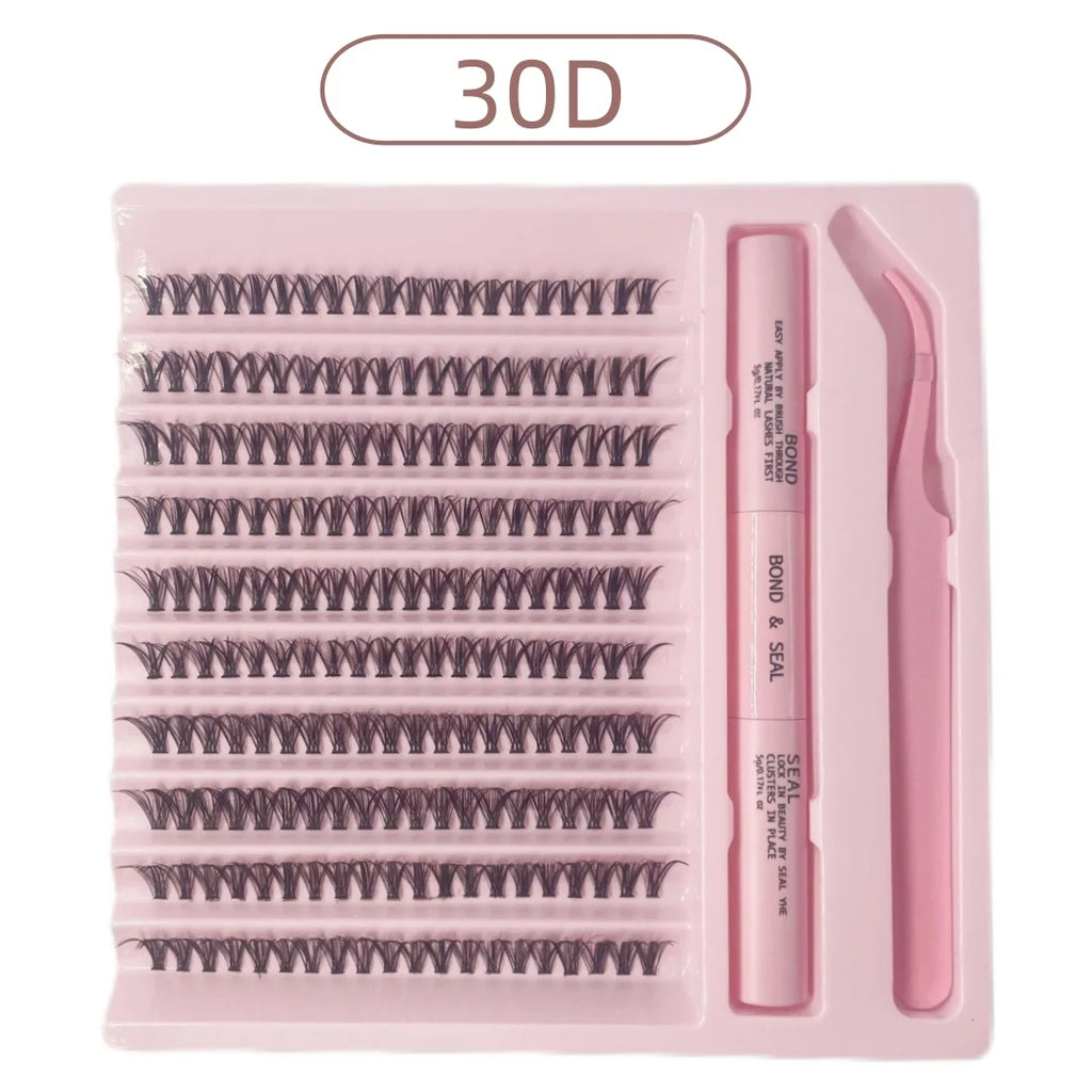 DiY Cluster Lashes Kit 200 Pcs: 8-16mm Mixed, Bond & Seal Glue, Tweezers for Natural Self Application Look