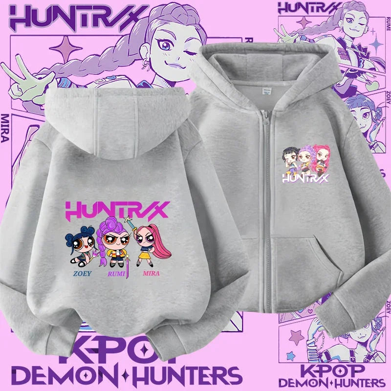 Style Girls' Sport Shirt Kpop Demon Hunters Children's Zippered Hooded Casual Jacket Spring-Autumn Long-Sleeved Cartoon Print