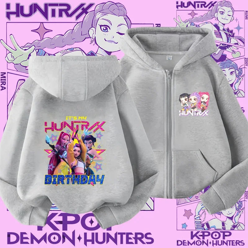 Style Girls' Sport Shirt Kpop Demon Hunters Children's Zippered Hooded Casual Jacket Spring-Autumn Long-Sleeved Cartoon Print