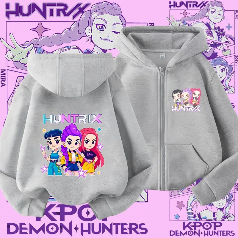 Style Girls' Sport Shirt Kpop Demon Hunters Children's Zippered Hooded Casual Jacket Spring-Autumn Long-Sleeved Cartoon Print