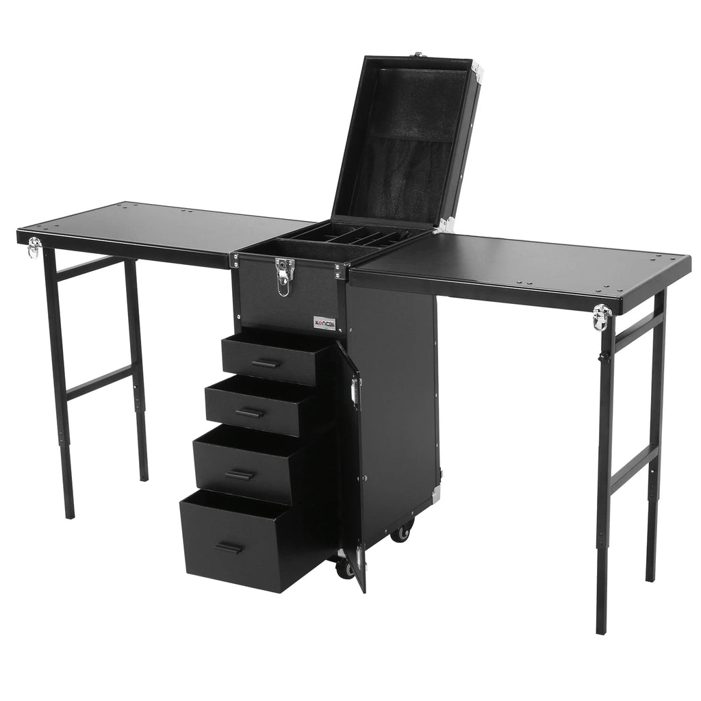 Portable Manicure Table Foldable Nail Table Makeup Train Case with Desk Cosmetic Trolley Travel Storage Organizer with Drawers