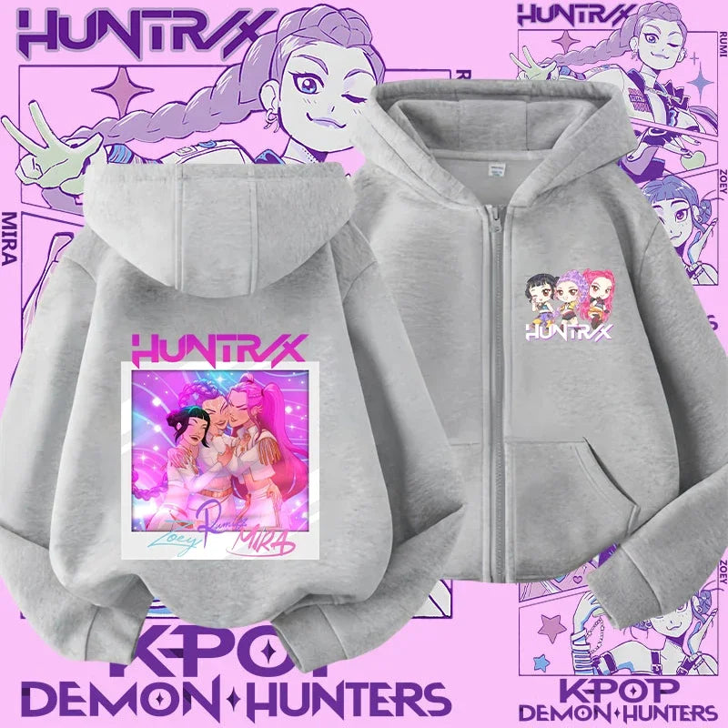 Style Girls' Sport Shirt Kpop Demon Hunters Children's Zippered Hooded Casual Jacket Spring-Autumn Long-Sleeved Cartoon Print