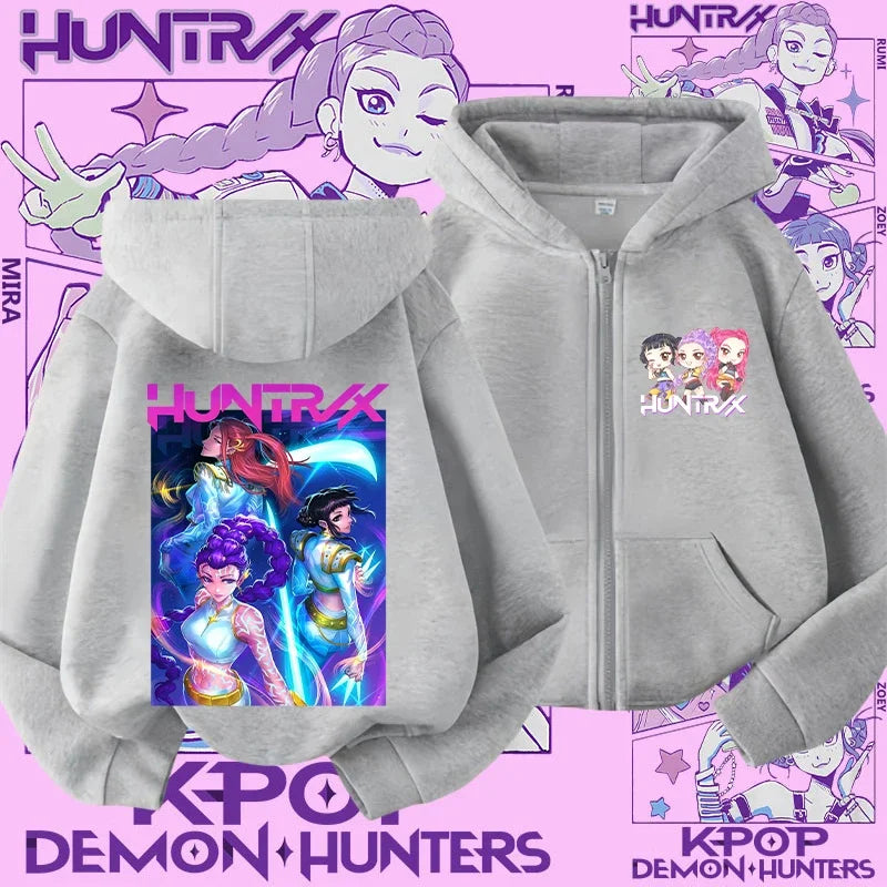 Style Girls' Sport Shirt Kpop Demon Hunters Children's Zippered Hooded Casual Jacket Spring-Autumn Long-Sleeved Cartoon Print