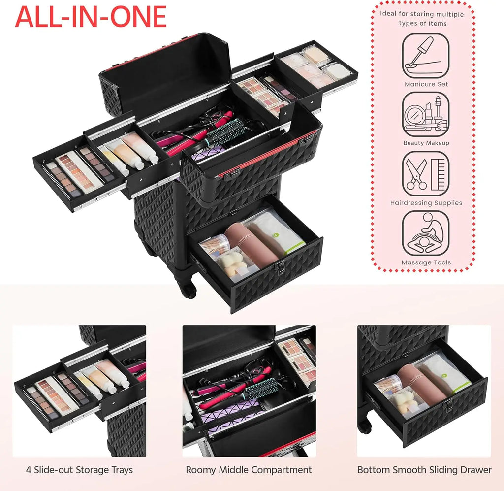 Rolling Makeup Train Case with Wheels, Lockable Travel Trolley, Sliding Drawers, Removable Divider in Black/Red