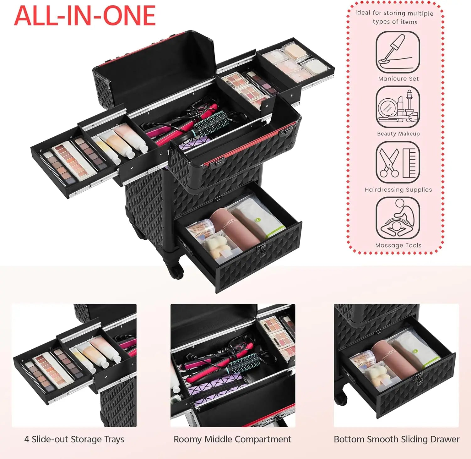 Rolling Makeup Train Case with Wheels, Lockable Travel Trolley, Sliding Drawers, Removable Divider in Black/Red