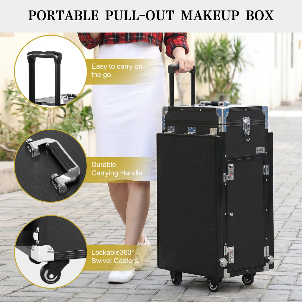 Portable Manicure Table Foldable Nail Table Makeup Train Case with Desk Cosmetic Trolley Travel Storage Organizer with Drawers