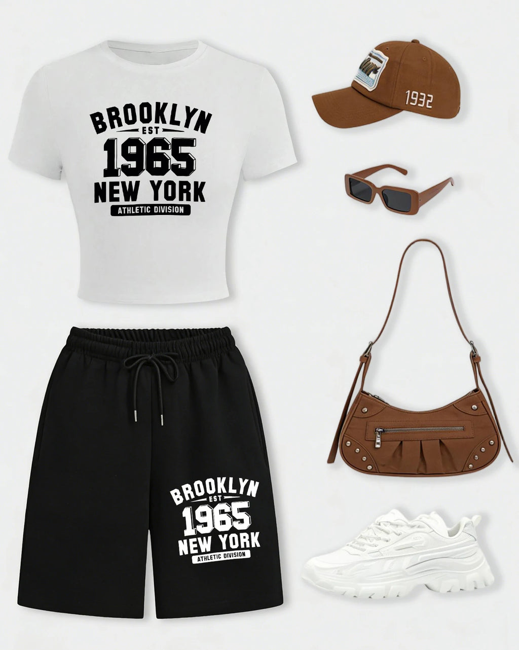 New York City Brooklyn 1965 Print Woman T-Shirt Suits Slim Cotton Crop T Shirt Summer Wide-Leg Shorts Drawstring Pocket Pant