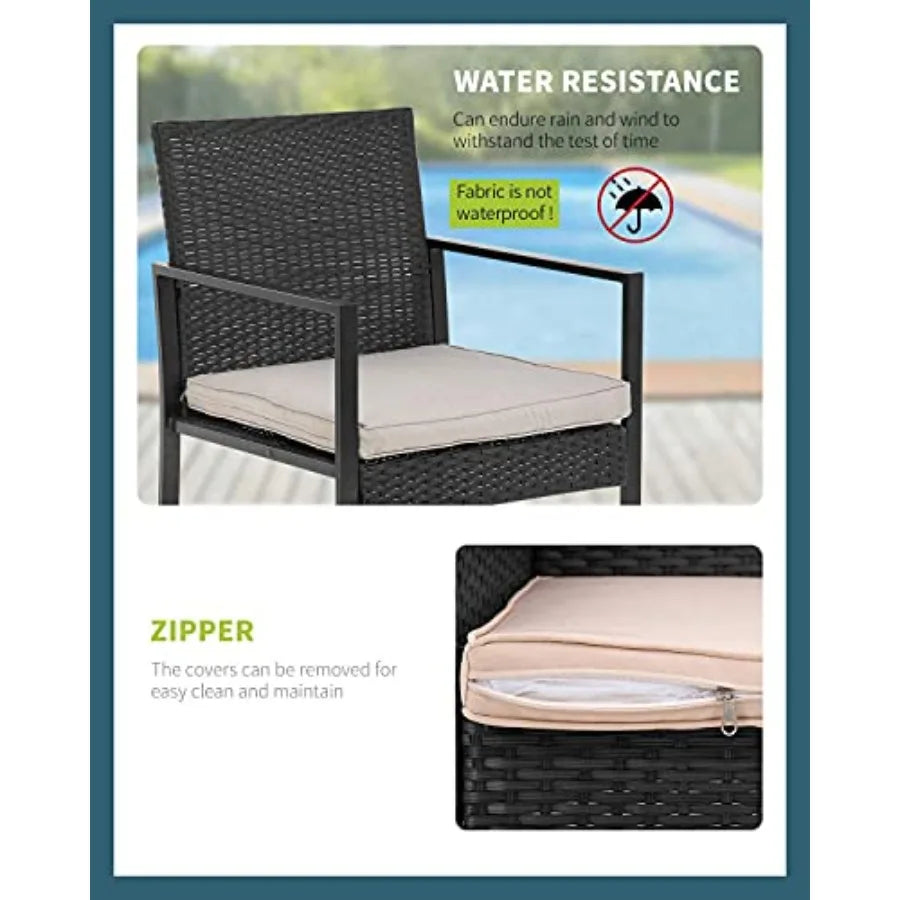 FDW 3 Pieces Outdoor Patio Furniture Wicker Bistro Rattan Chair Conversation Sets for Yard Lawn Balcony Poolside BackyardBlack