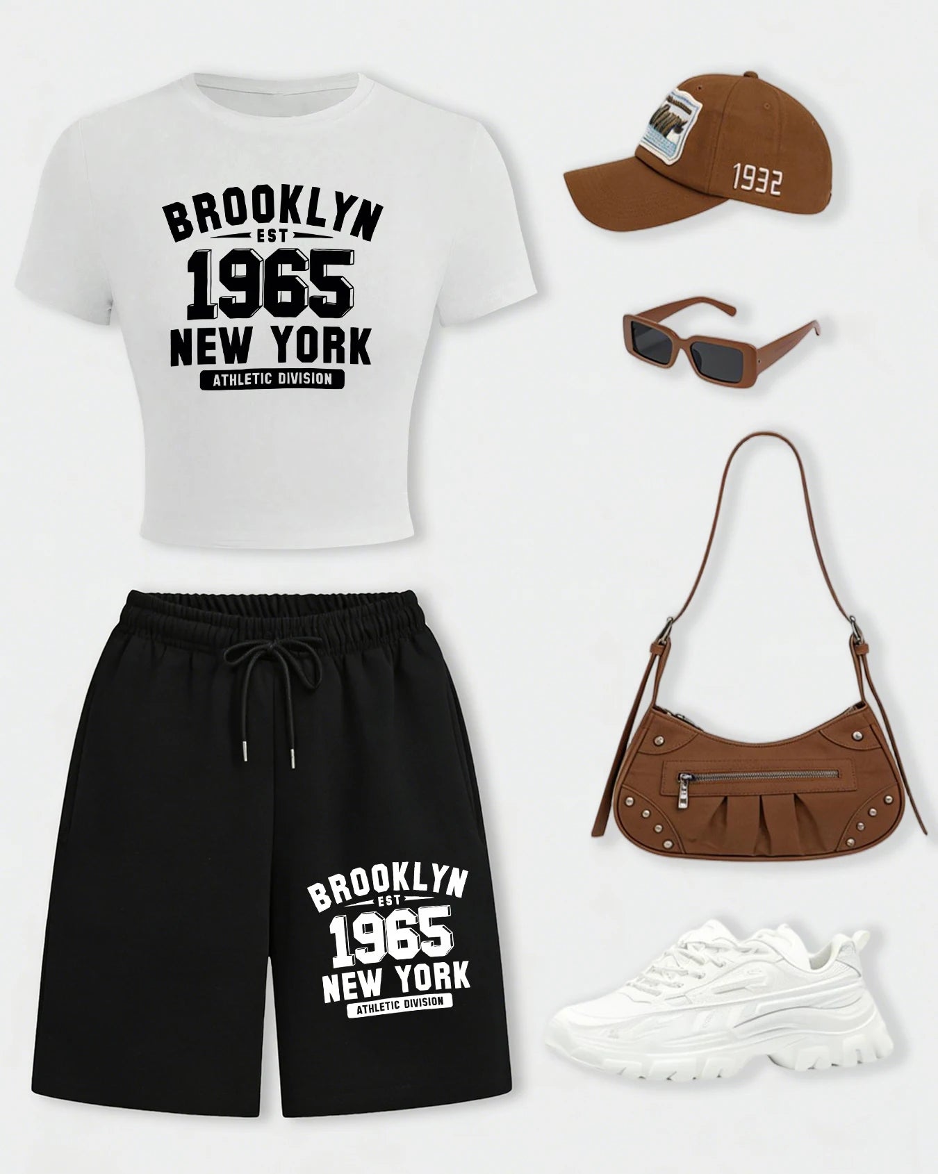 New York City Brooklyn 1965 Print Woman T-Shirt Suits Slim Cotton Crop T Shirt Summer Wide-Leg Shorts Drawstring Pocket Pant