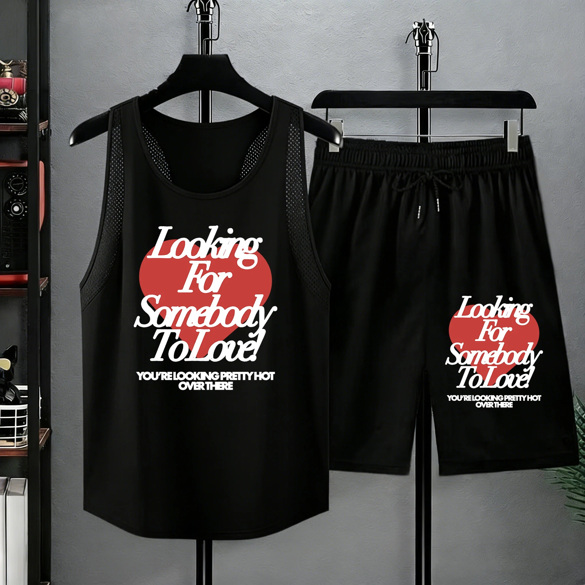 Looking For Somebody To Love Design Male Summer Loose Basic Short Set Simple All-Match Vest Street Casual Sportpants Soft Shorts