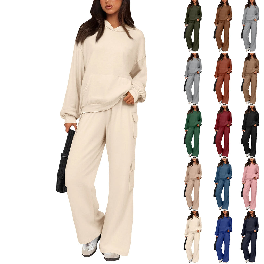 Relaxed Stylish Women Two Piece Set Hoodie Popular Cargo Pocket Wide Leg Pants Trendy Loose Fit Comfy Casual Lounge Outfit