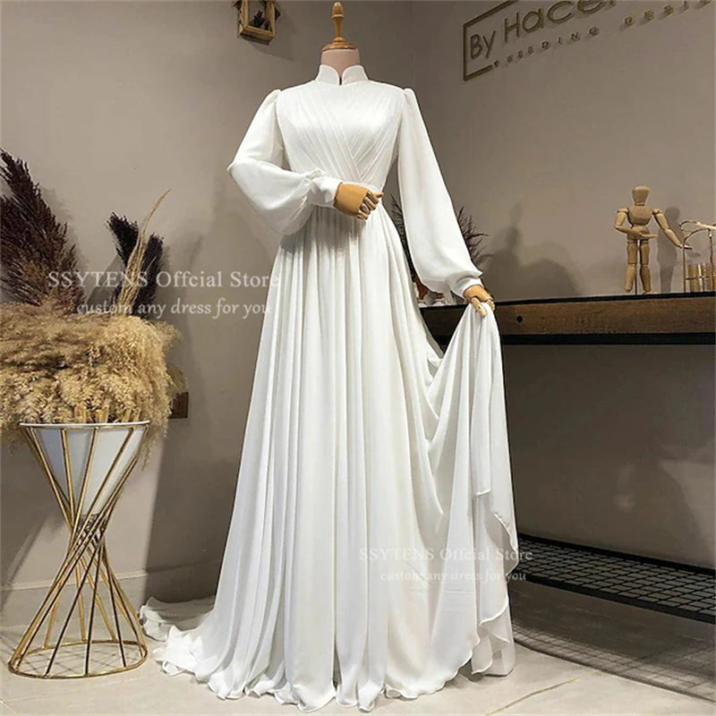 SSYTENS Elegant A Line Wedding Dresses High Neck Long Sleeves Bride Gowns Muslim Pleats Satin Vestido De Novia Customized 2025