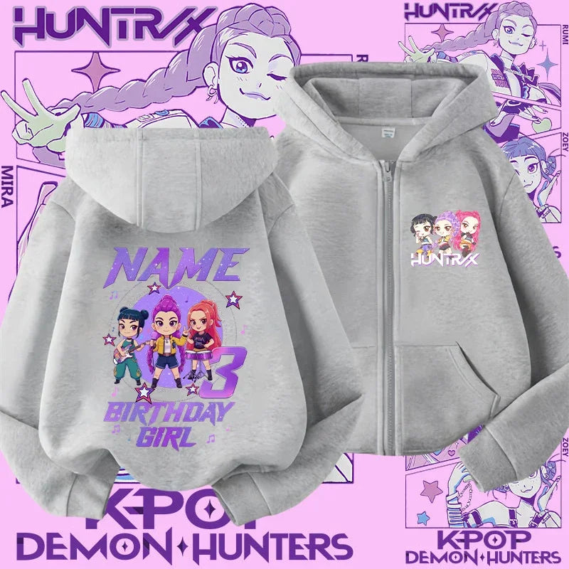 Style Girls' Sport Shirt Kpop Demon Hunters Children's Zippered Hooded Casual Jacket Spring-Autumn Long-Sleeved Cartoon Print