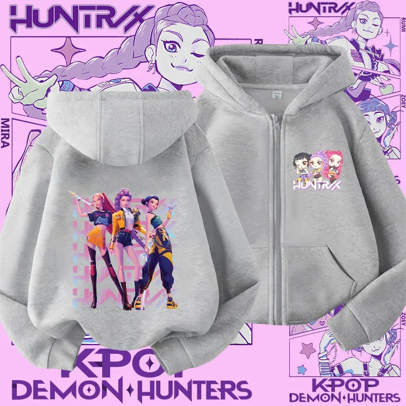 Style Girls' Sport Shirt Kpop Demon Hunters Children's Zippered Hooded Casual Jacket Spring-Autumn Long-Sleeved Cartoon Print